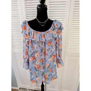 EST. 1946 Boho Top Womens 18/20W Lt Blue Floral Ruffle Blouse Chiffon Festival